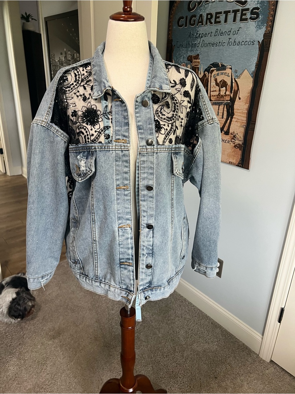 Denim Jacket with Black Lace Panel - Women's Light Blue Jean Jacket